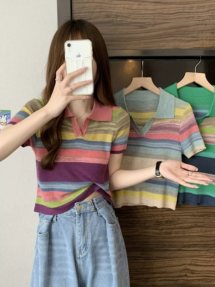 Pastel Stripe Knit Polo Shirt