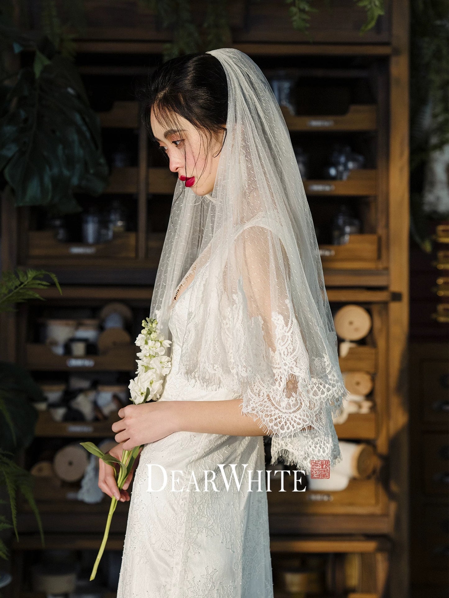Short Polka Dot Lace Bridal Veil