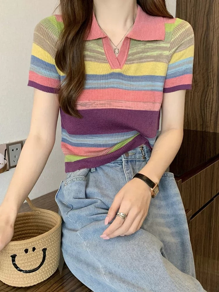 Pastel Stripe Knit Polo Shirt