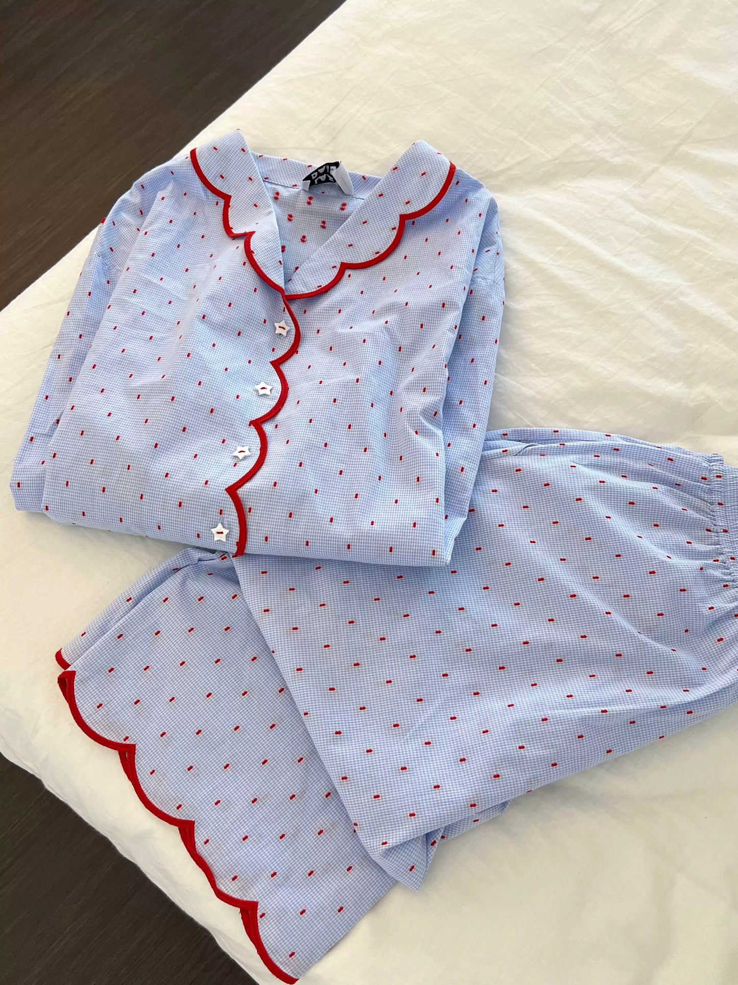 Blue Mini Gingham Pajama Set with Red Scallop Trim