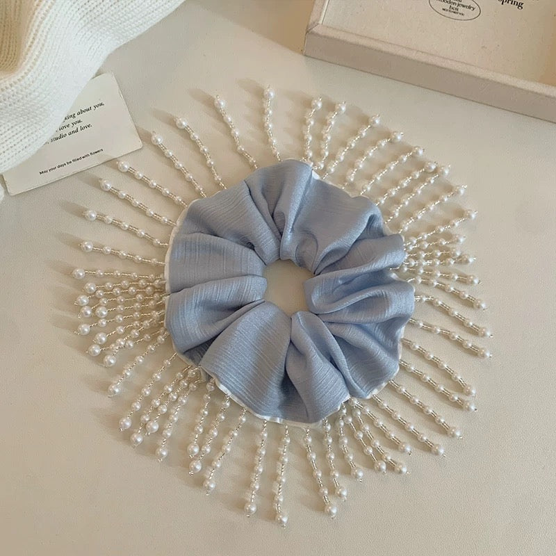 Light Blue Scrunchie with Pearl Fringe