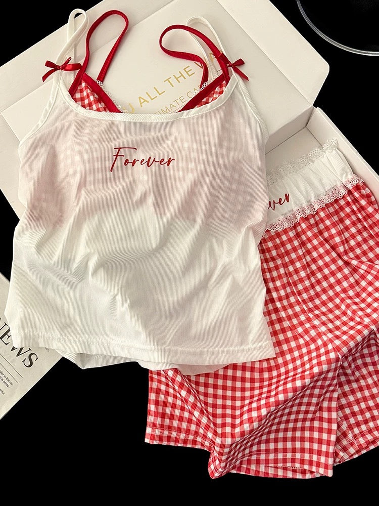White & Red Gingham Cami Pajama Set