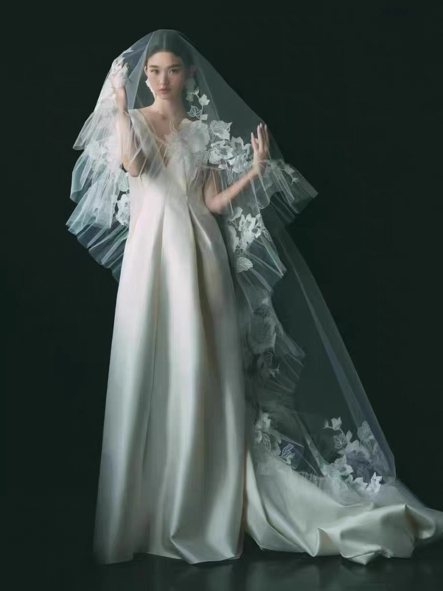 Organza Flower-Trimmed Cathedral Veil
