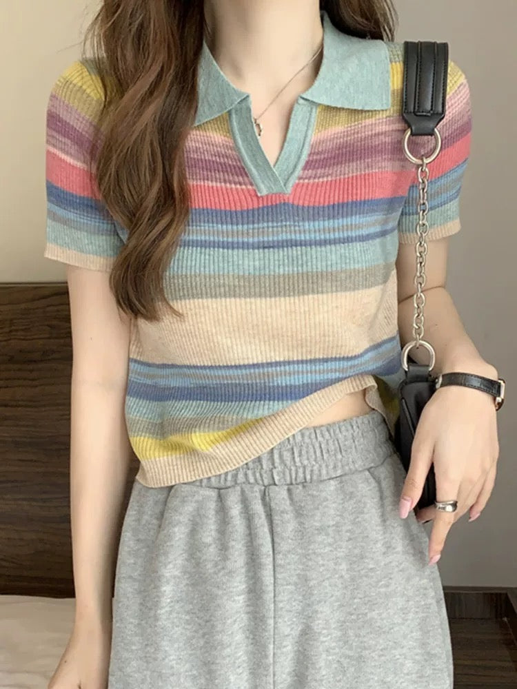 Pastel Stripe Knit Polo Shirt