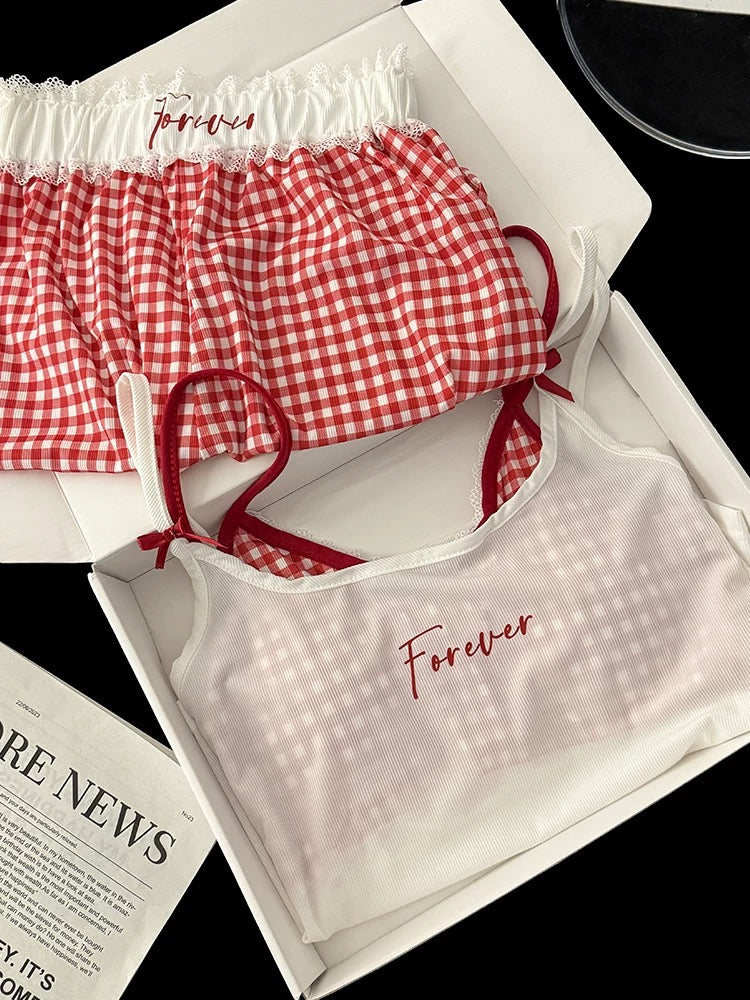 White & Red Gingham Cami Pajama Set