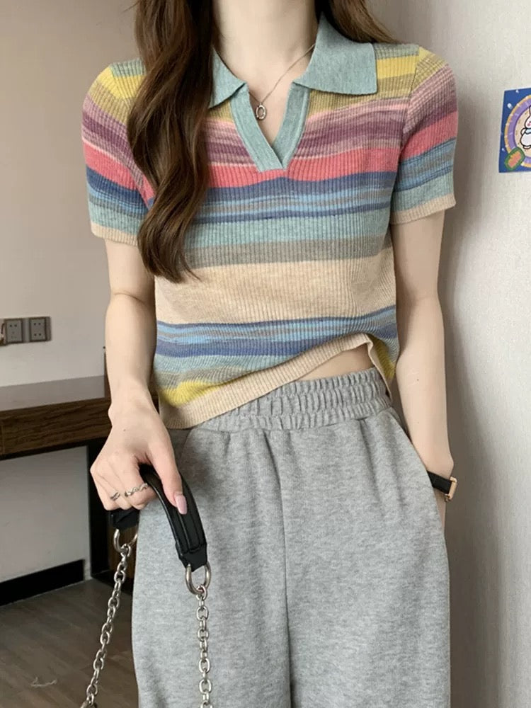 Pastel Stripe Knit Polo Shirt
