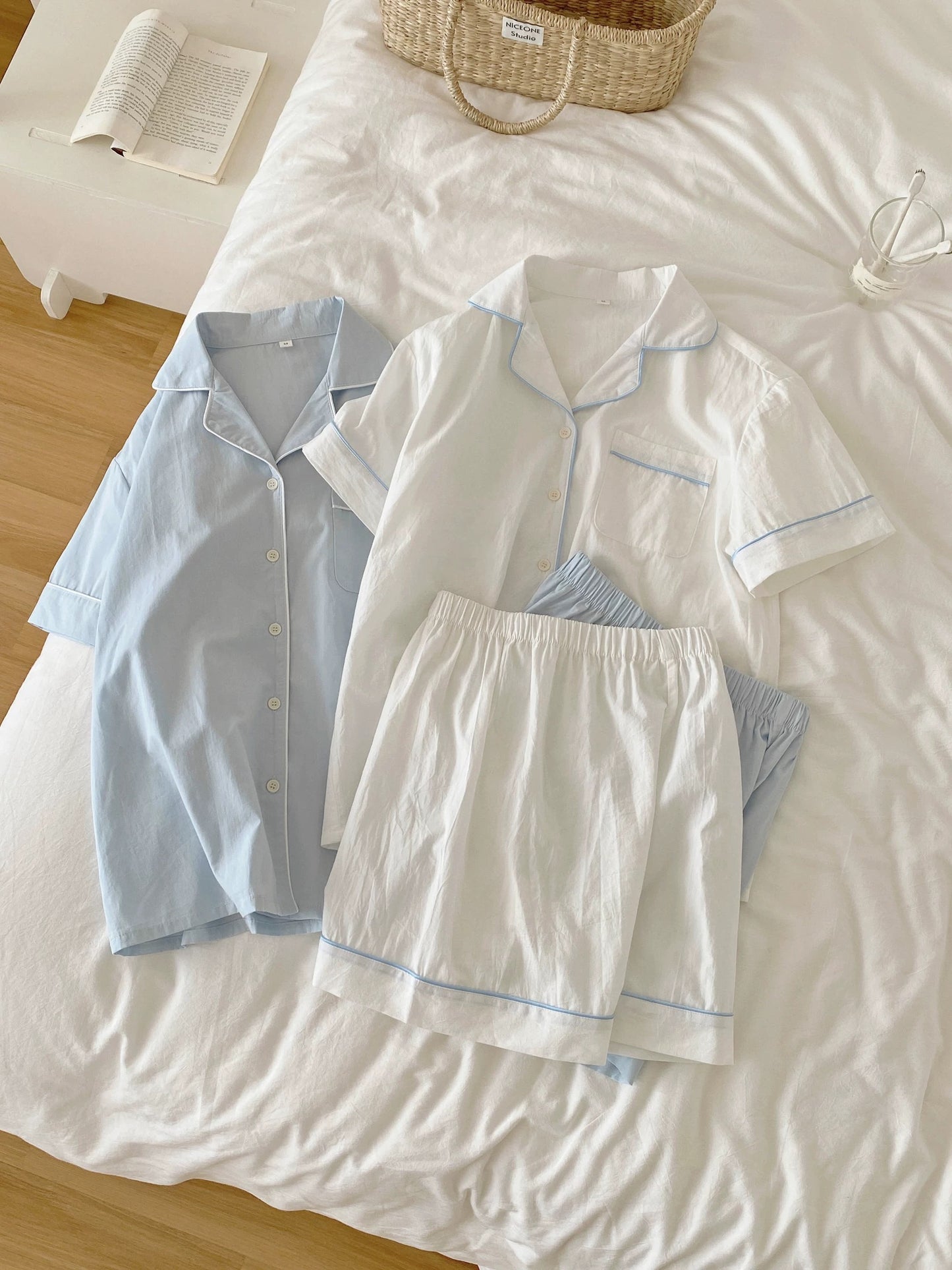 Solid Blue & Solid White Pajama Set with Blue Piping