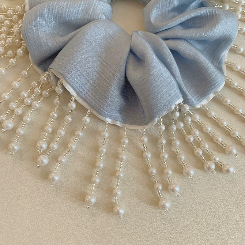 Light Blue Scrunchie with Pearl Fringe