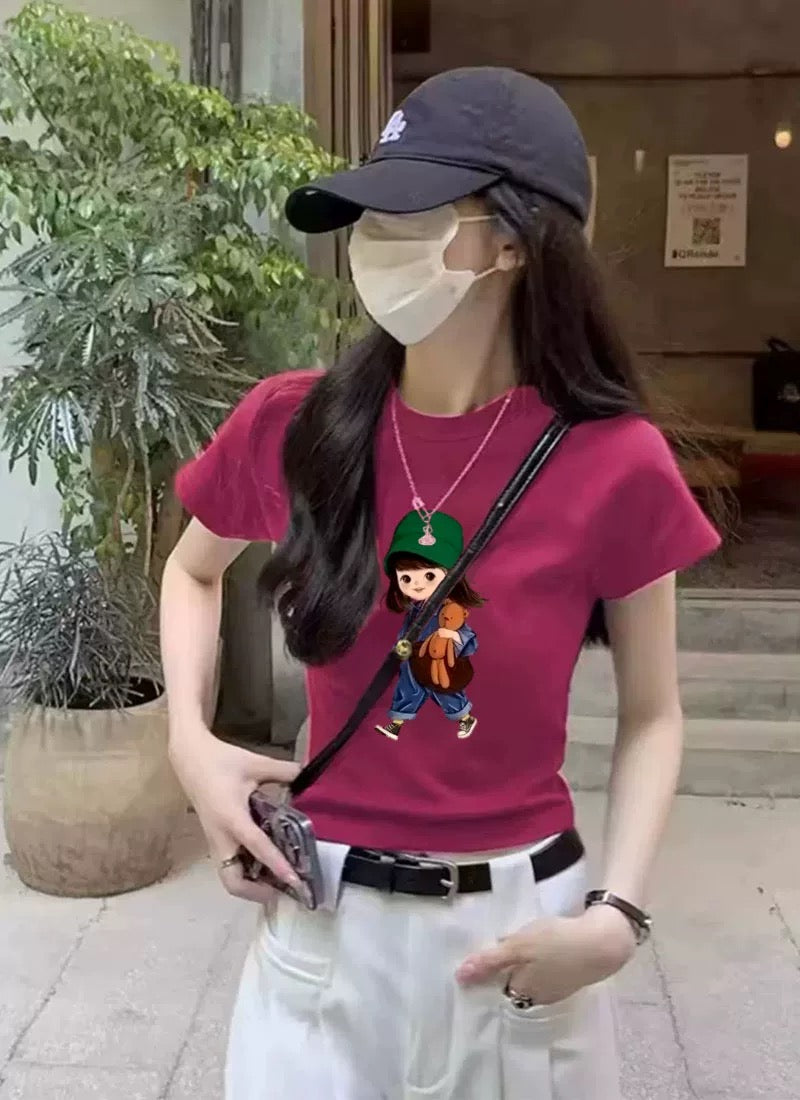 Black T-Shirt with Walking Girl and Teddy Print