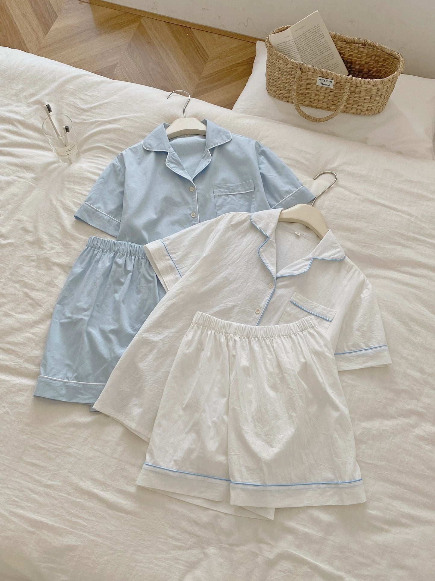 Solid Blue & Solid White Pajama Set with Blue Piping