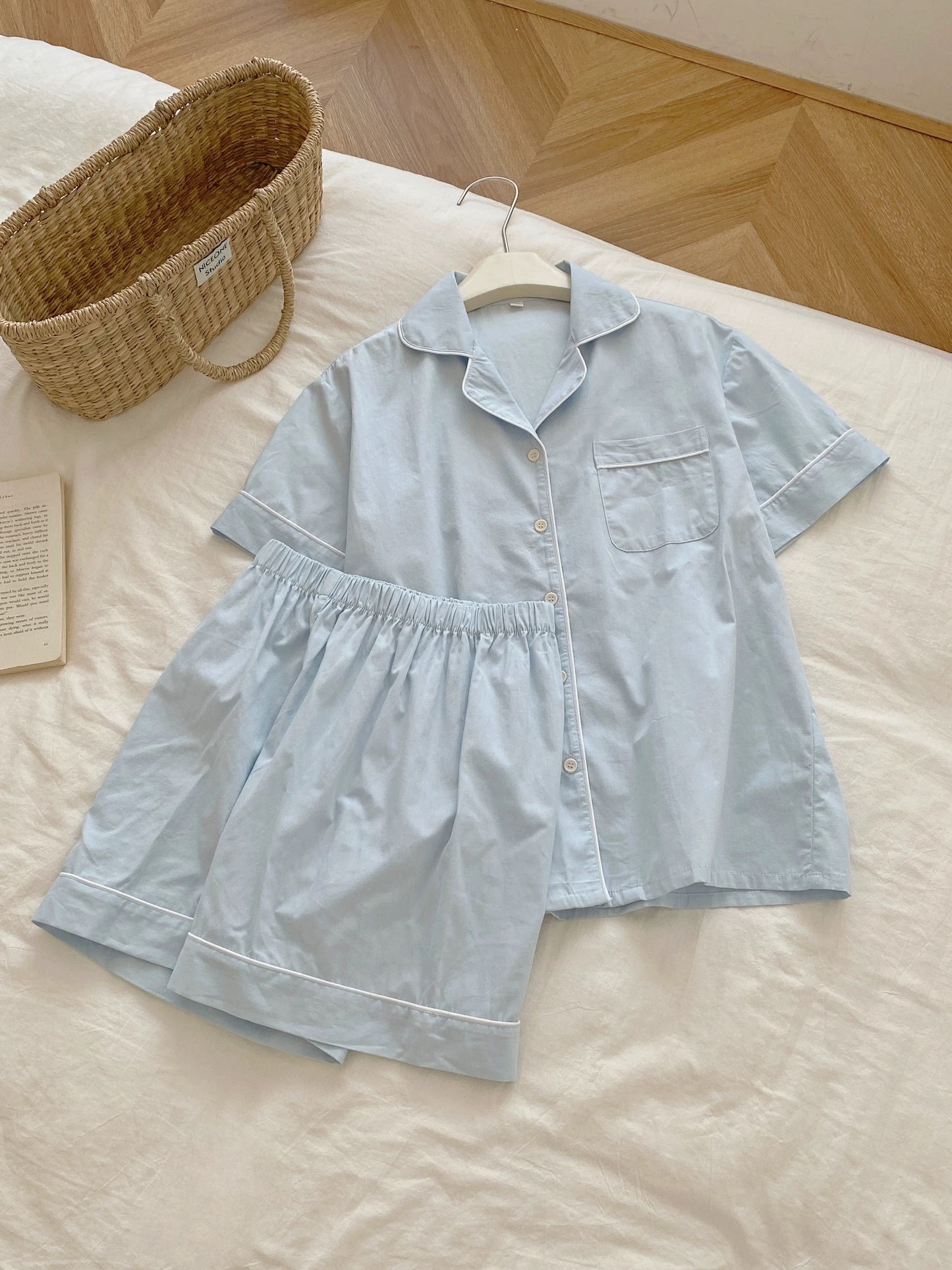 Solid Blue & Solid White Pajama Set with Blue Piping