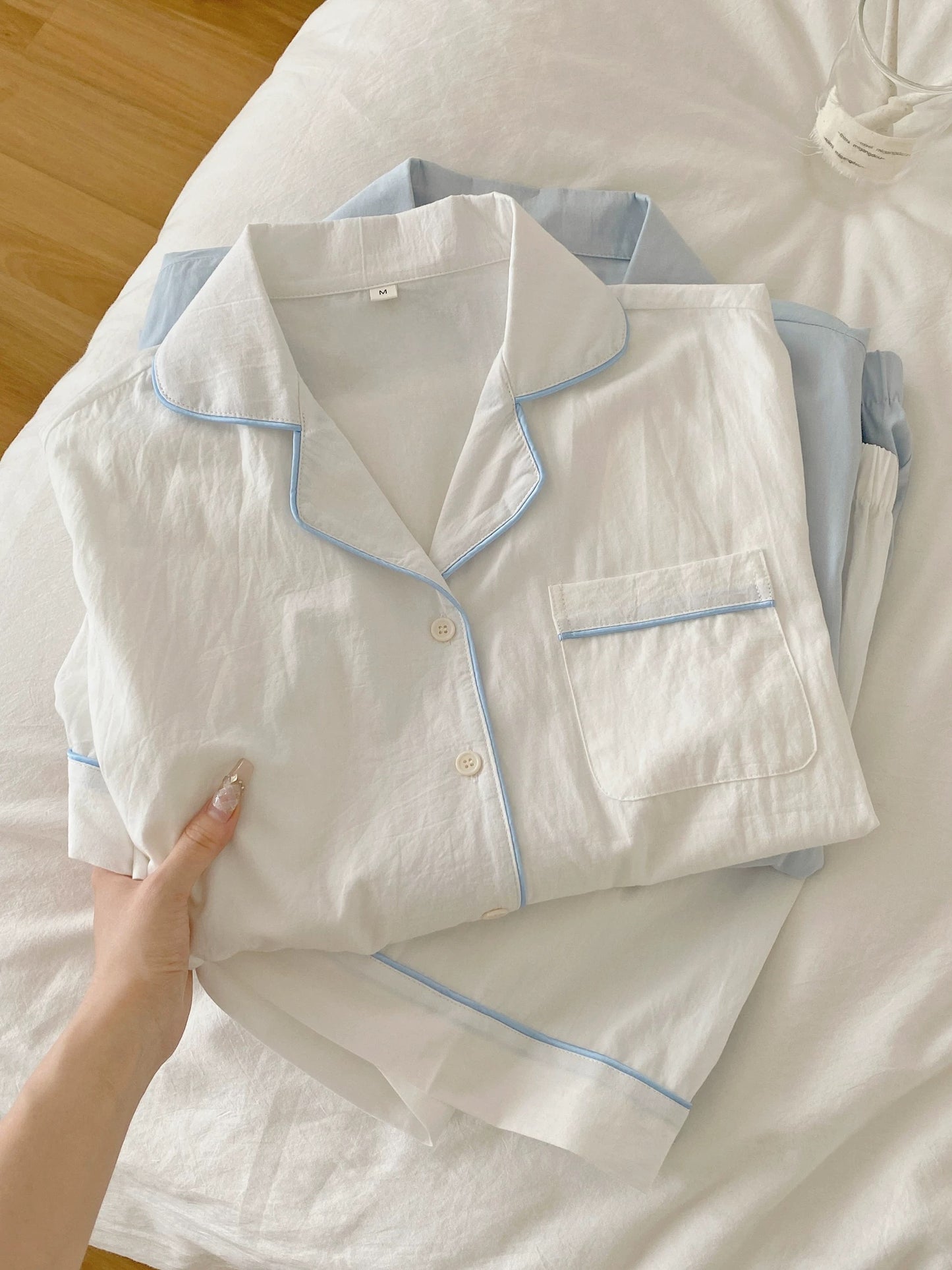 Solid Blue & Solid White Pajama Set with Blue Piping