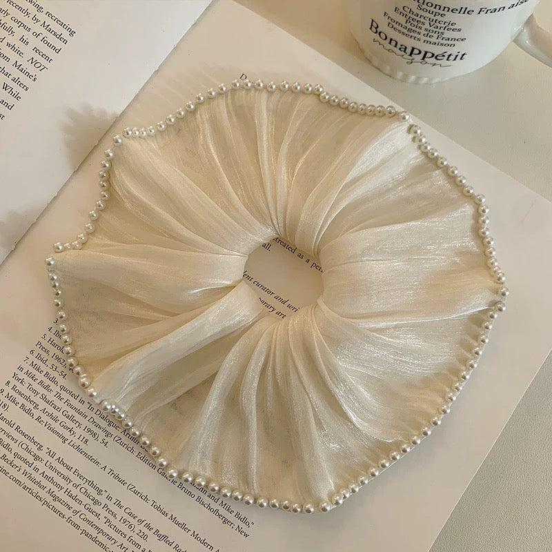 Pearl-Trimmed Organza Scrunchie