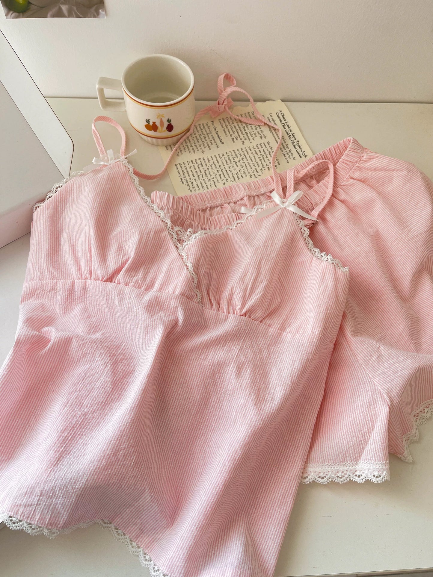 Pink Lace Trim Cami Pyjama Set