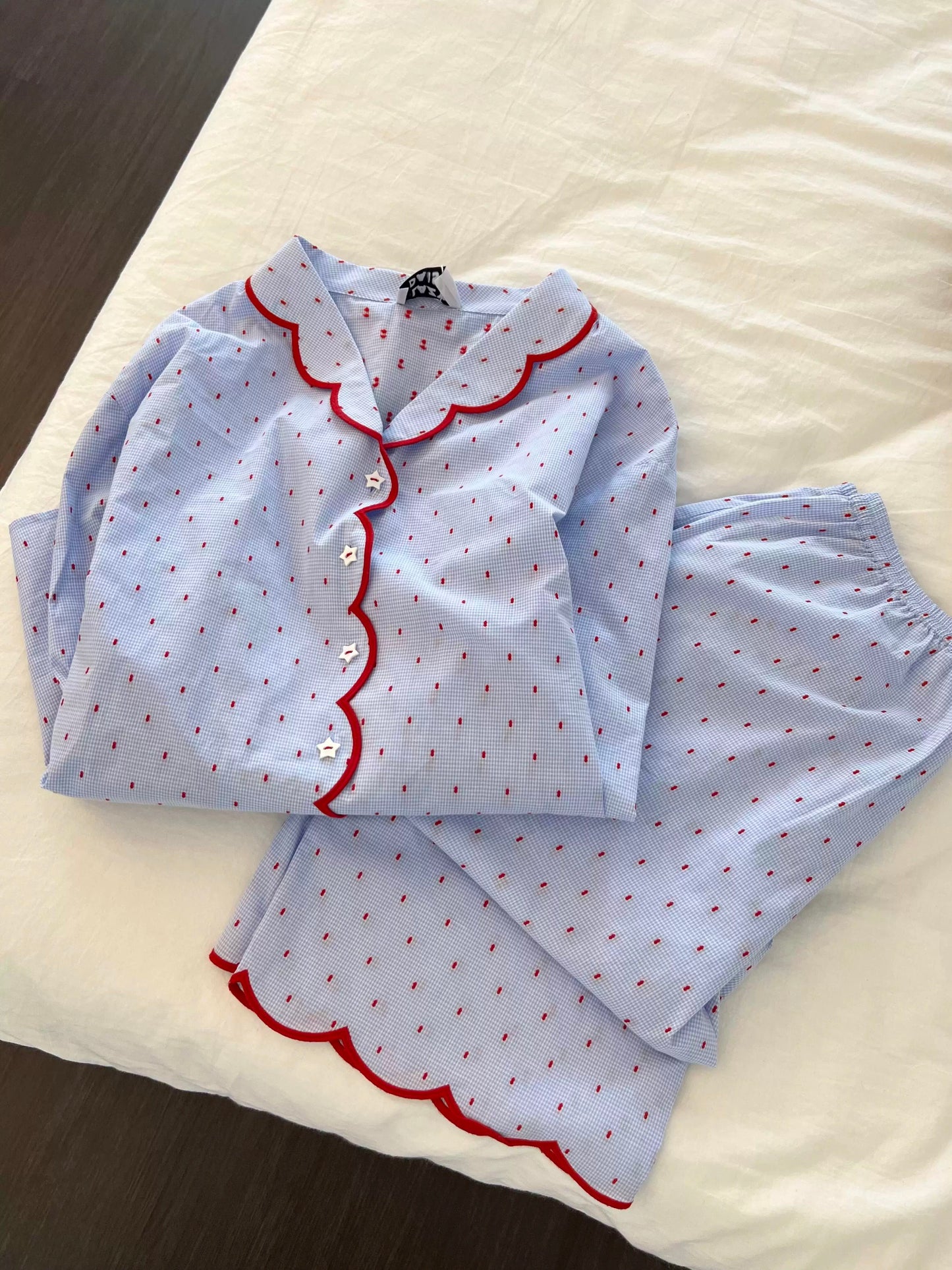 Blue Mini Gingham Pajama Set with Red Scallop Trim