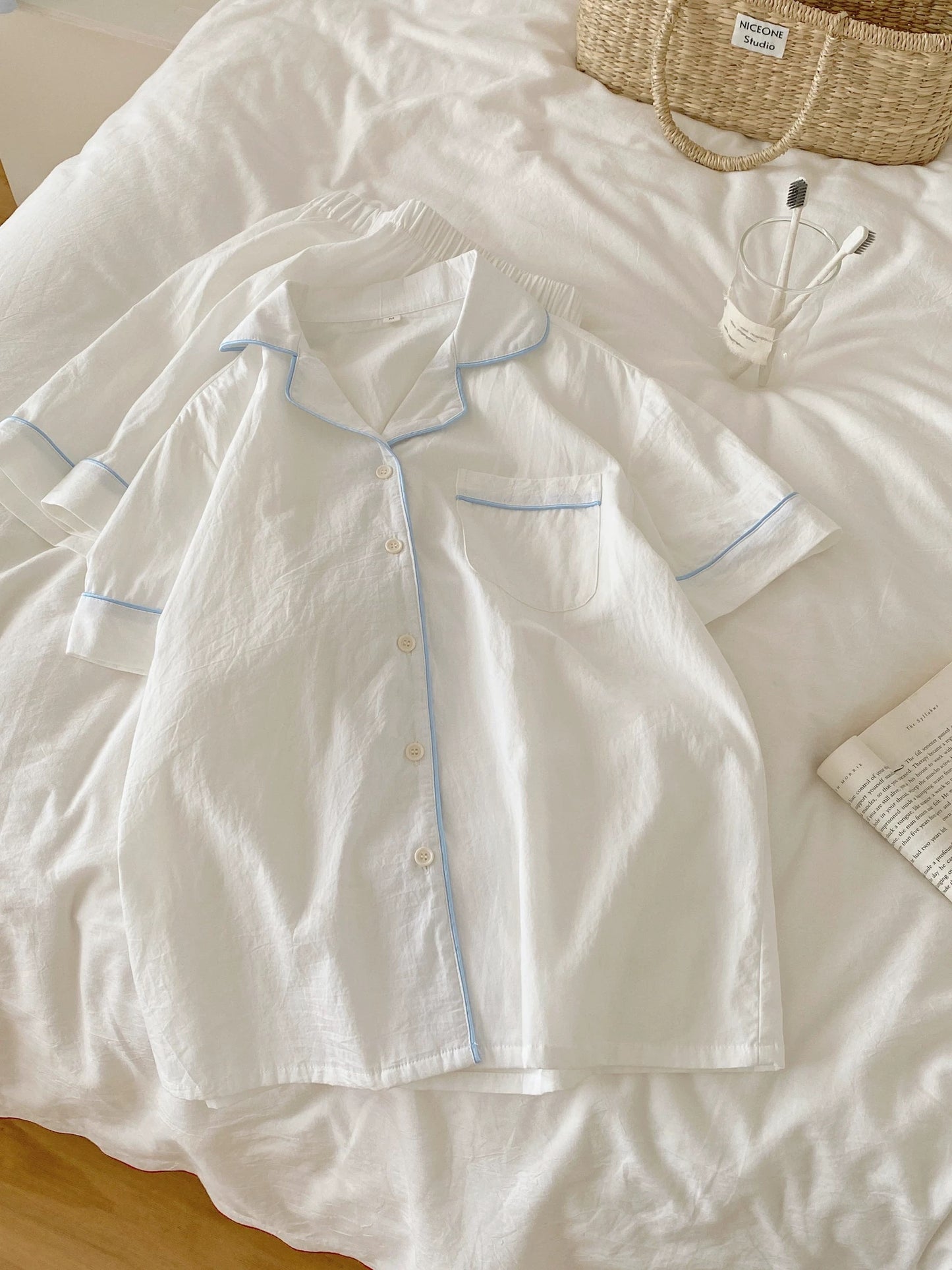 Solid Blue & Solid White Pajama Set with Blue Piping