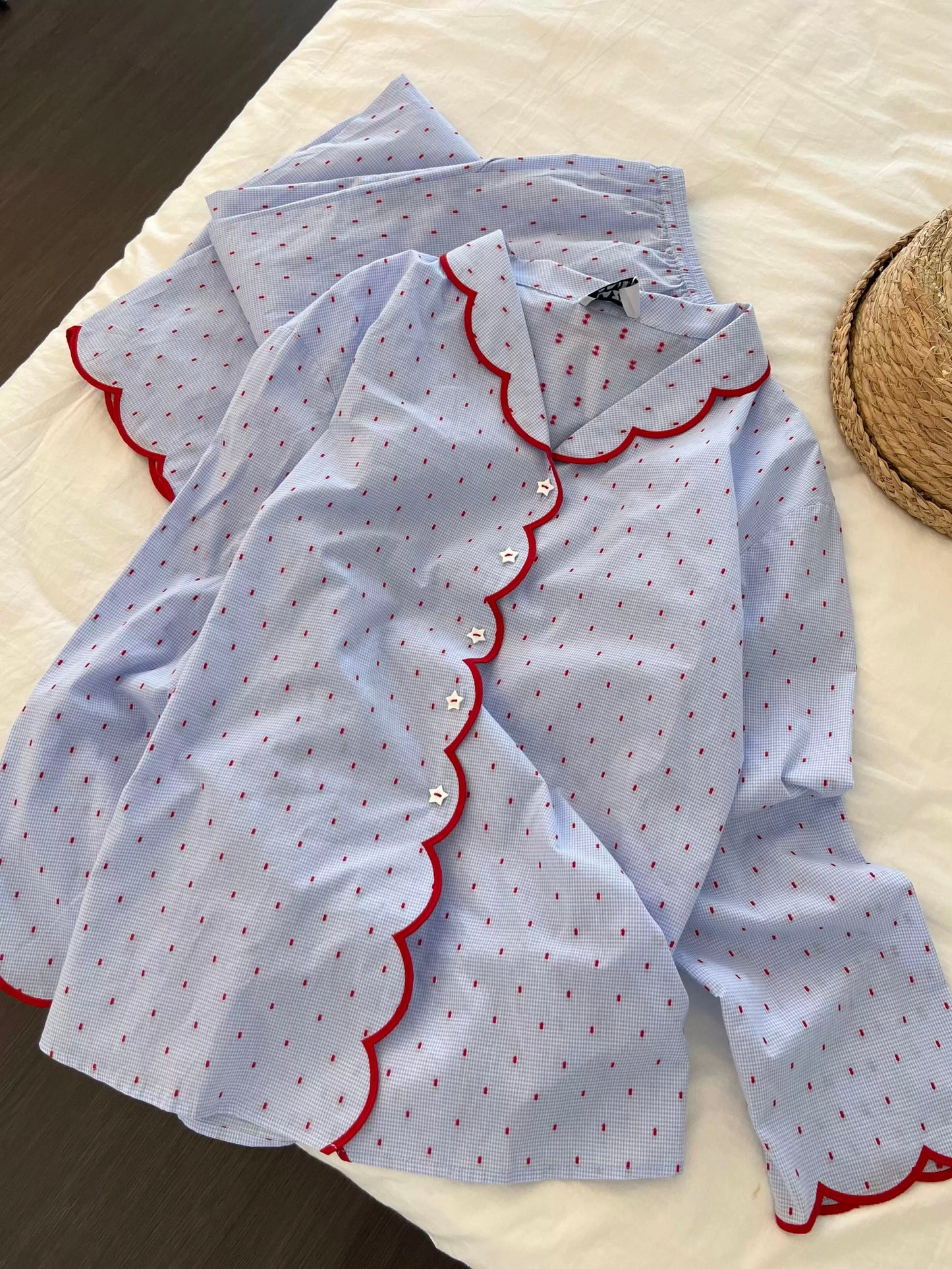Blue Mini Gingham Pajama Set with Red Scallop Trim