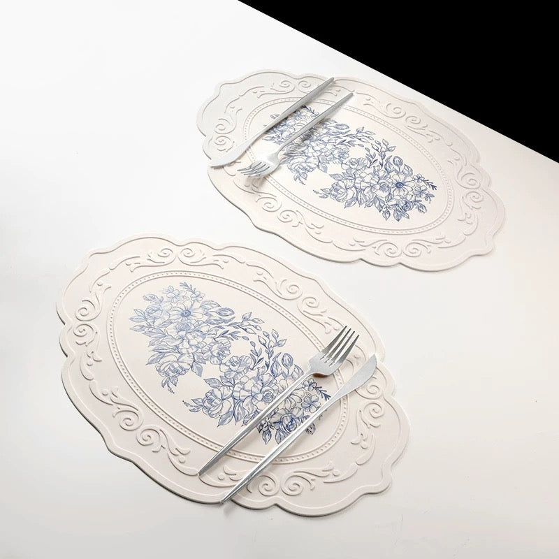 Blue Floral Scroll Die-Cut Vinyl Placemat Set (2)