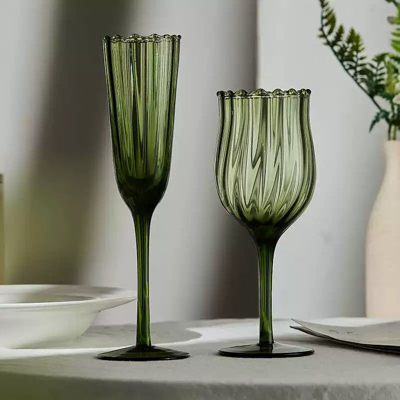 Emerald Palm Goblet Set — Vintage Botanical Etched Glassware