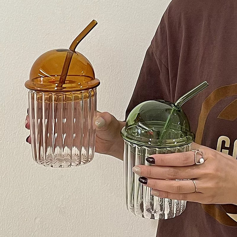 Retro Dome Lid Glass Tumbler Set – Ribbed Glass Cups with Colored Dome Lids & Straws
