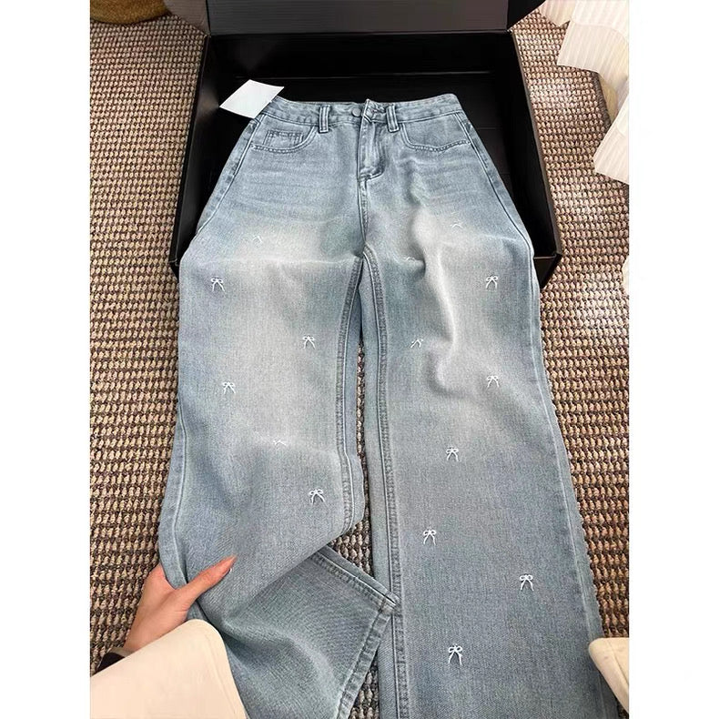 Light Blue Denim Wide-Leg Pants with Bow Embroidery
