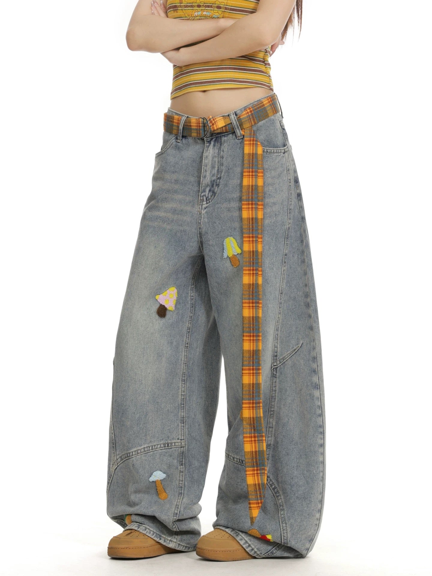Grey Wide-Leg Jeans with Graffiti Art and Butterfly Patches