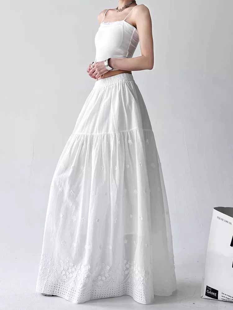 White Eyelet Embroidered Tiered Maxi Skirt