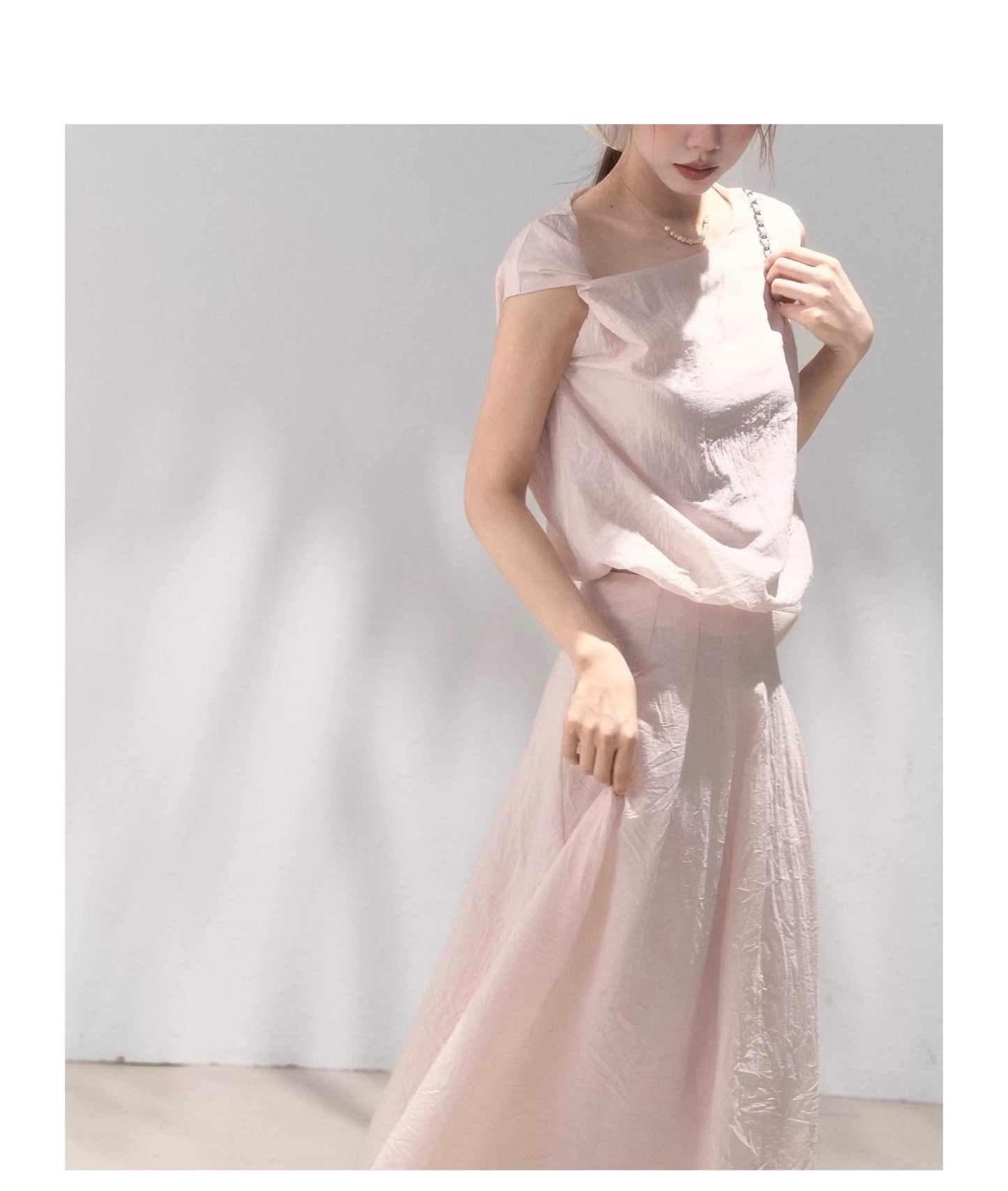 Blush Pink Organza Off-Shoulder Top and Skirt Set