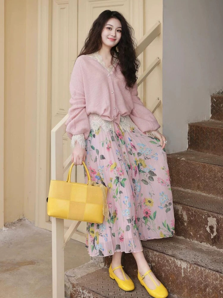 Pink Floral Pleated Midi Skirt and Sweater Set