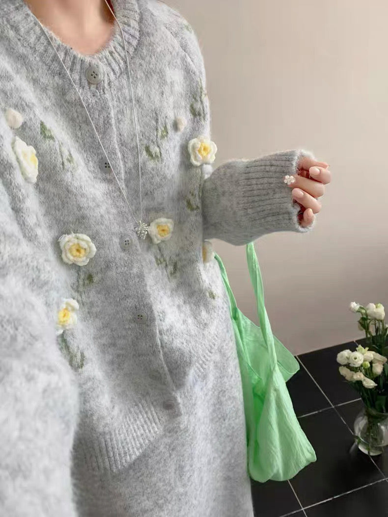 Grey Floral Embroidered Cardigan Set (Skirt Included)