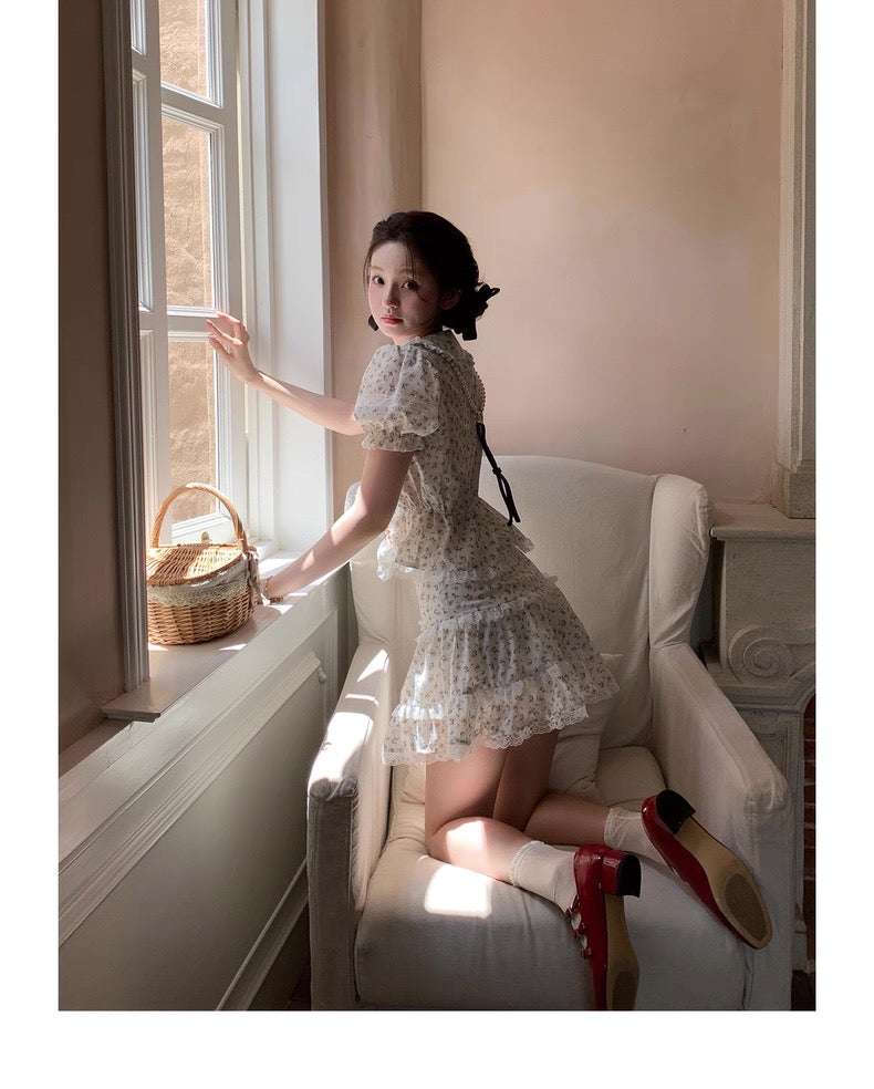 White Floral Lace Mini Set ( Top+Skirt)