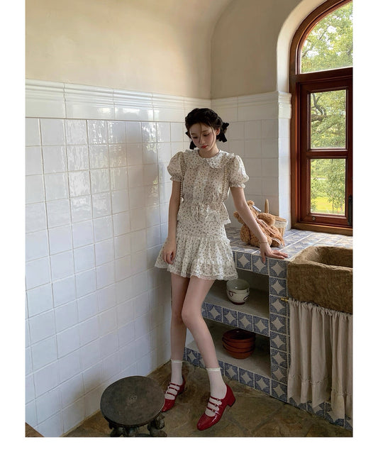 White Floral Lace Mini Set ( Top+Skirt)