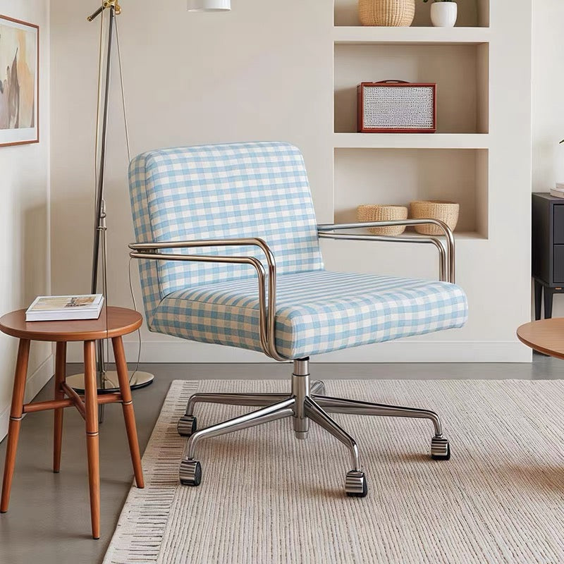 Modern Plaid Swivel Office Chair | Gingham Upholstered Desk Chair with Chrome Base & Casters