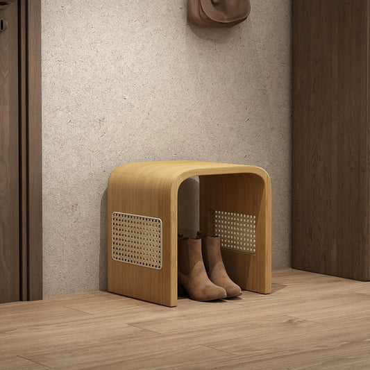 Walnut Arch Accent Stool with Rattan Cane Panels | Sculptural Wood Vanity Stool | Japandi Bent Wood Side Stool