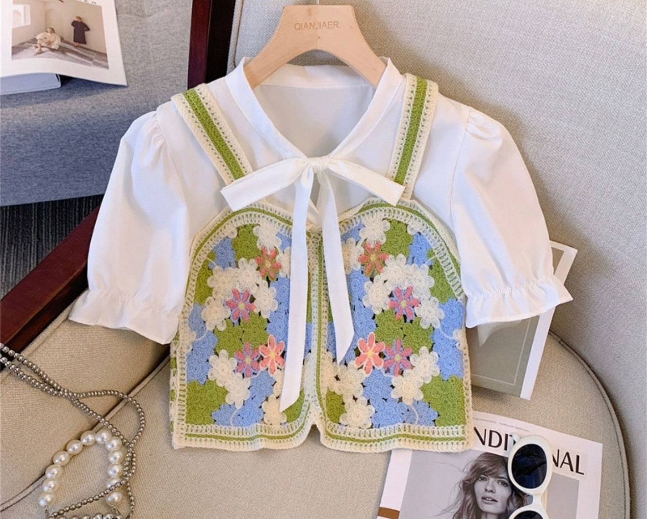 Floral Crochet Vest with Puff Sleeve Blouse