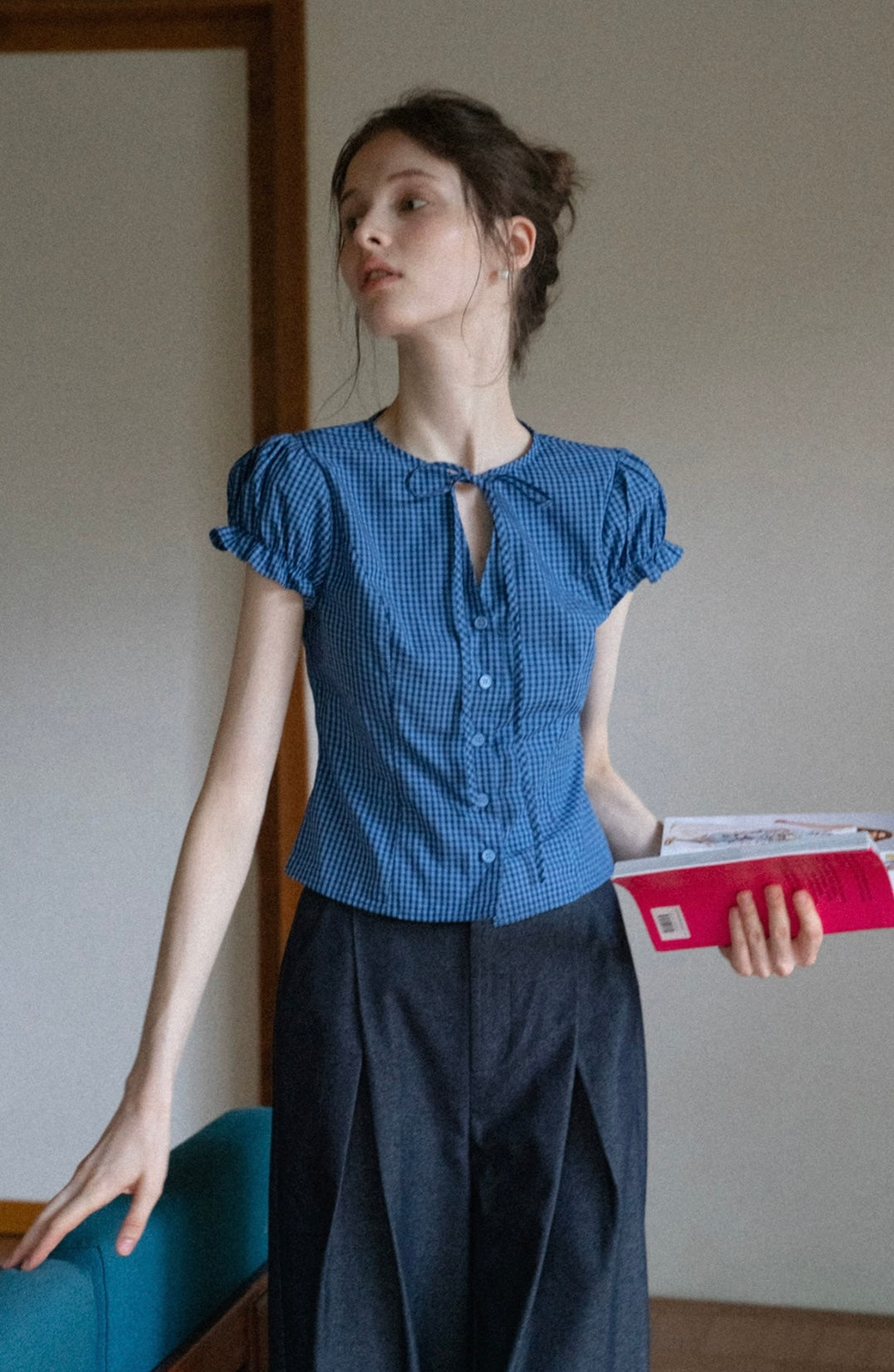 Blue Gingham Ruffle Peplum Blouse