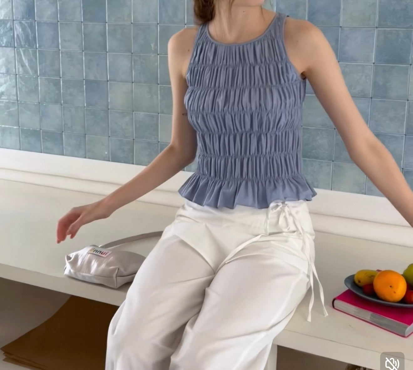 Blue Ruched Peplum Tank Top