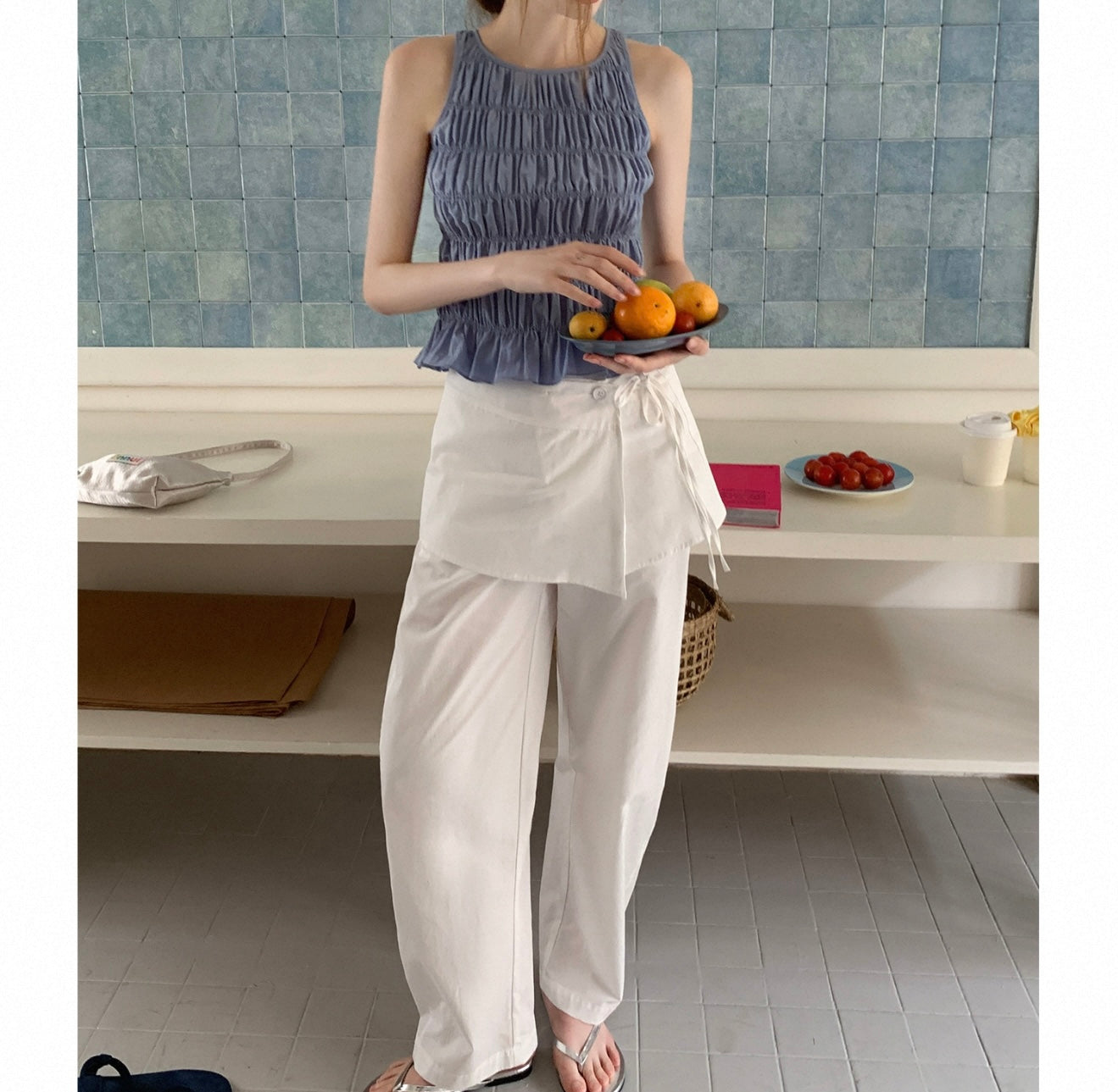Blue Ruched Peplum Tank Top
