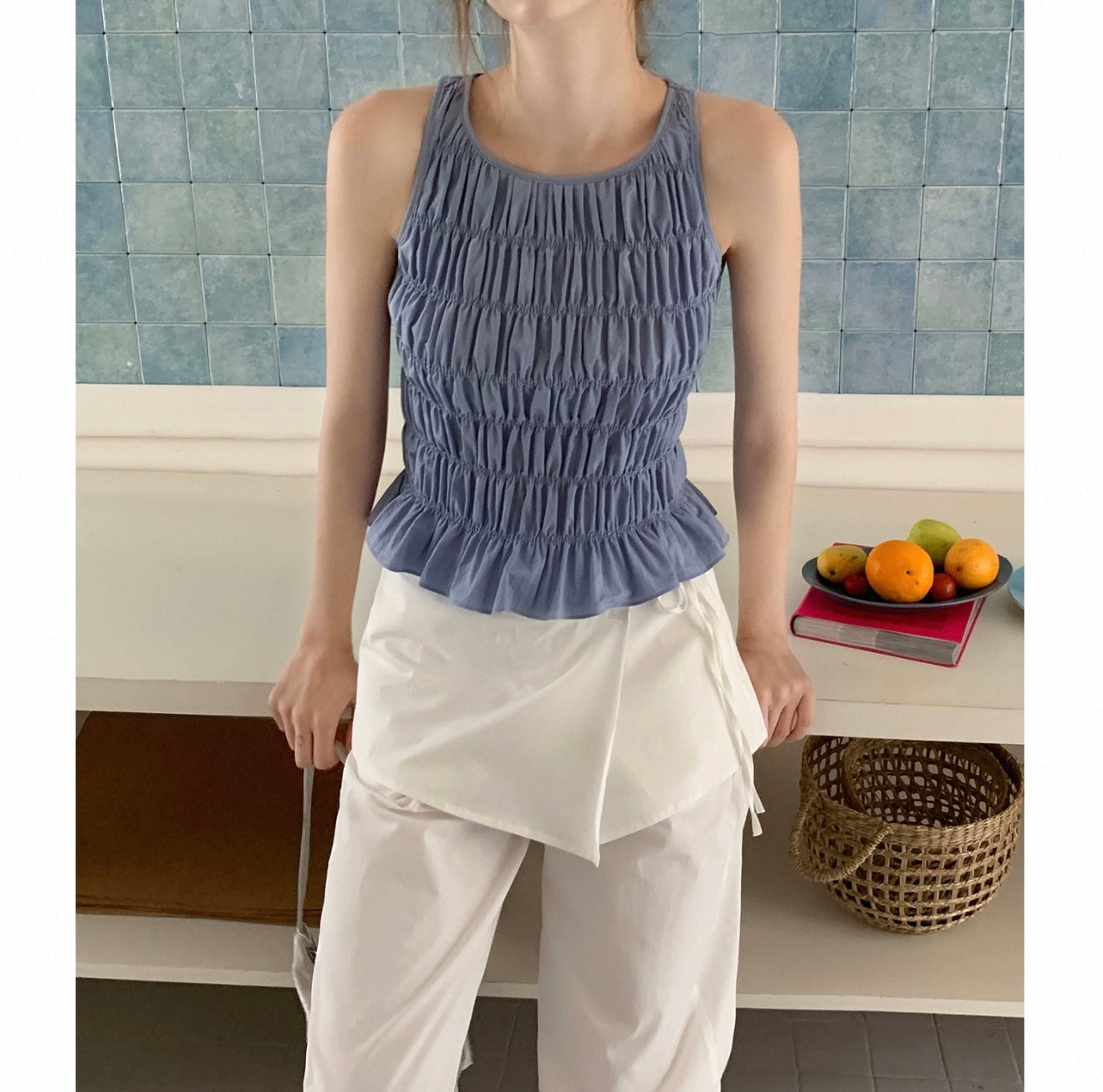 Blue Ruched Peplum Tank Top