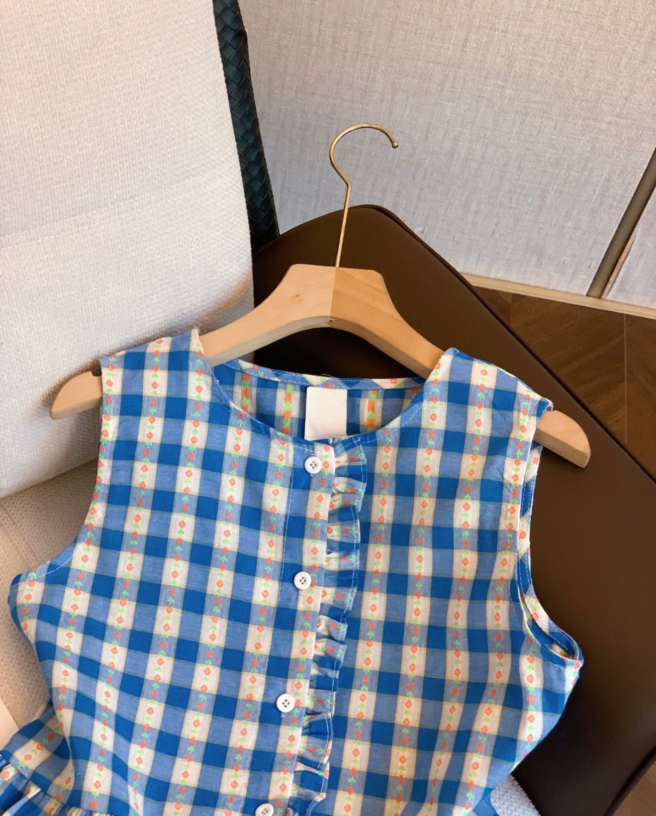 Blue Gingham Ruffle Sleeveless Blouse