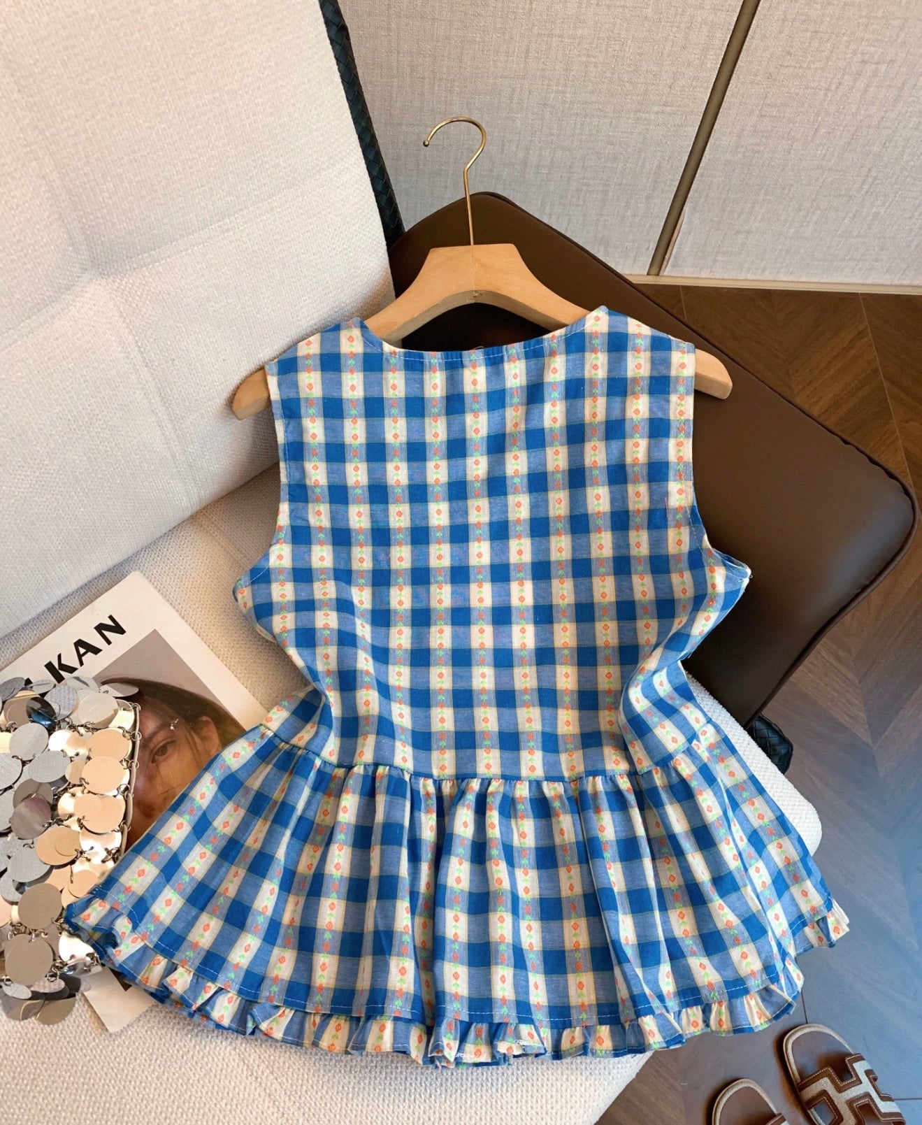 Blue Gingham Ruffle Sleeveless Blouse