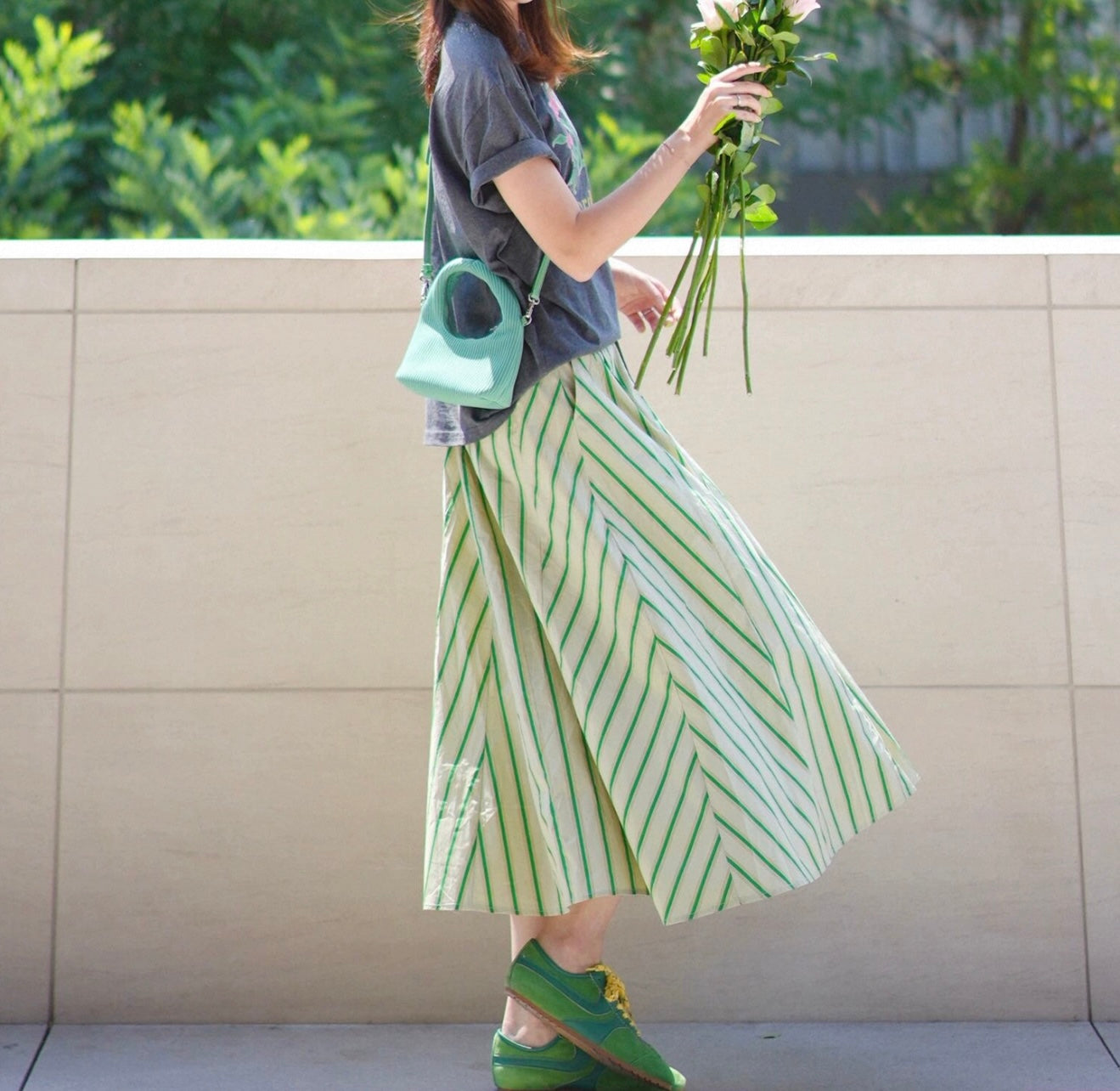 Green and White Chevron Stripe Midi Skirt