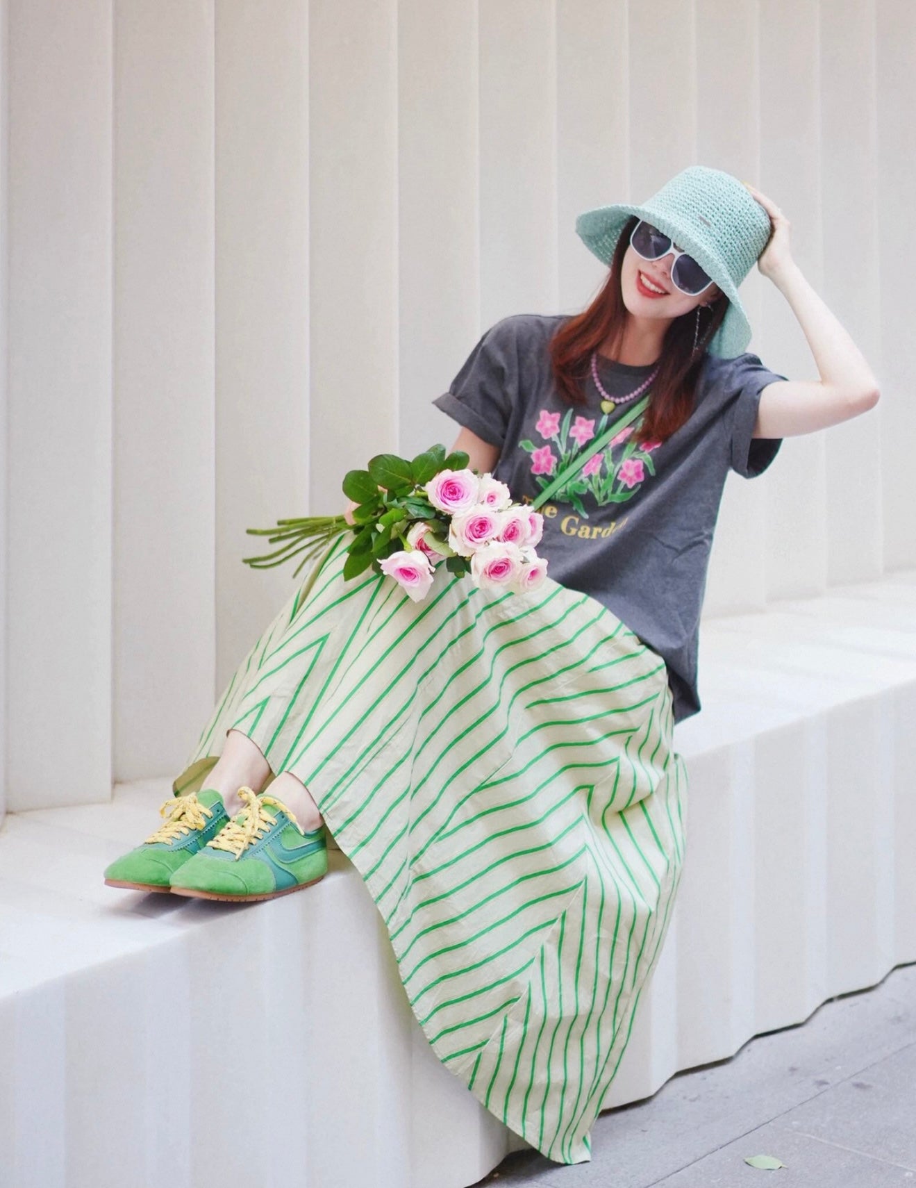 Green and White Chevron Stripe Midi Skirt