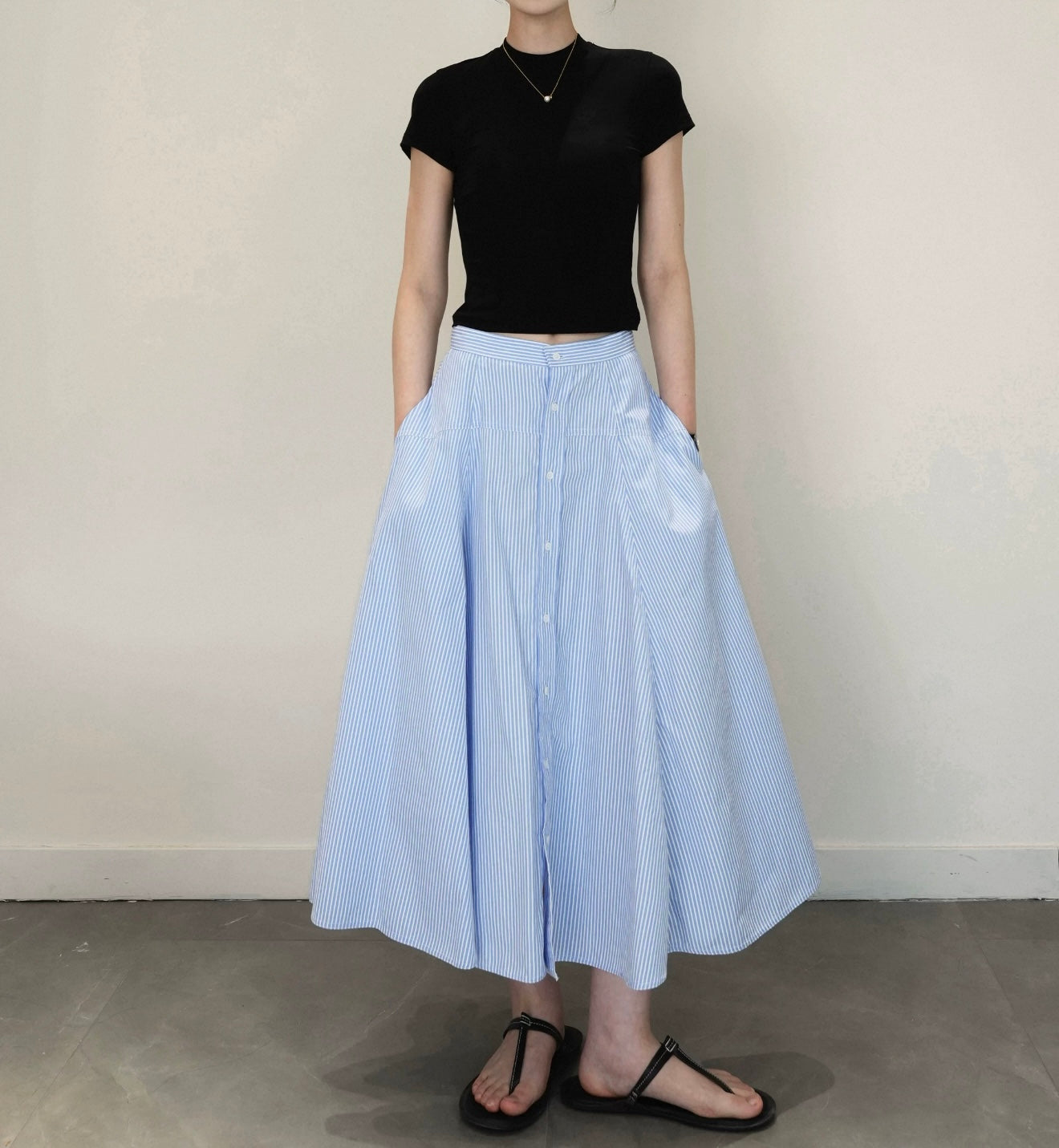 Blue Pinstripe Button-Front Midi Skirt