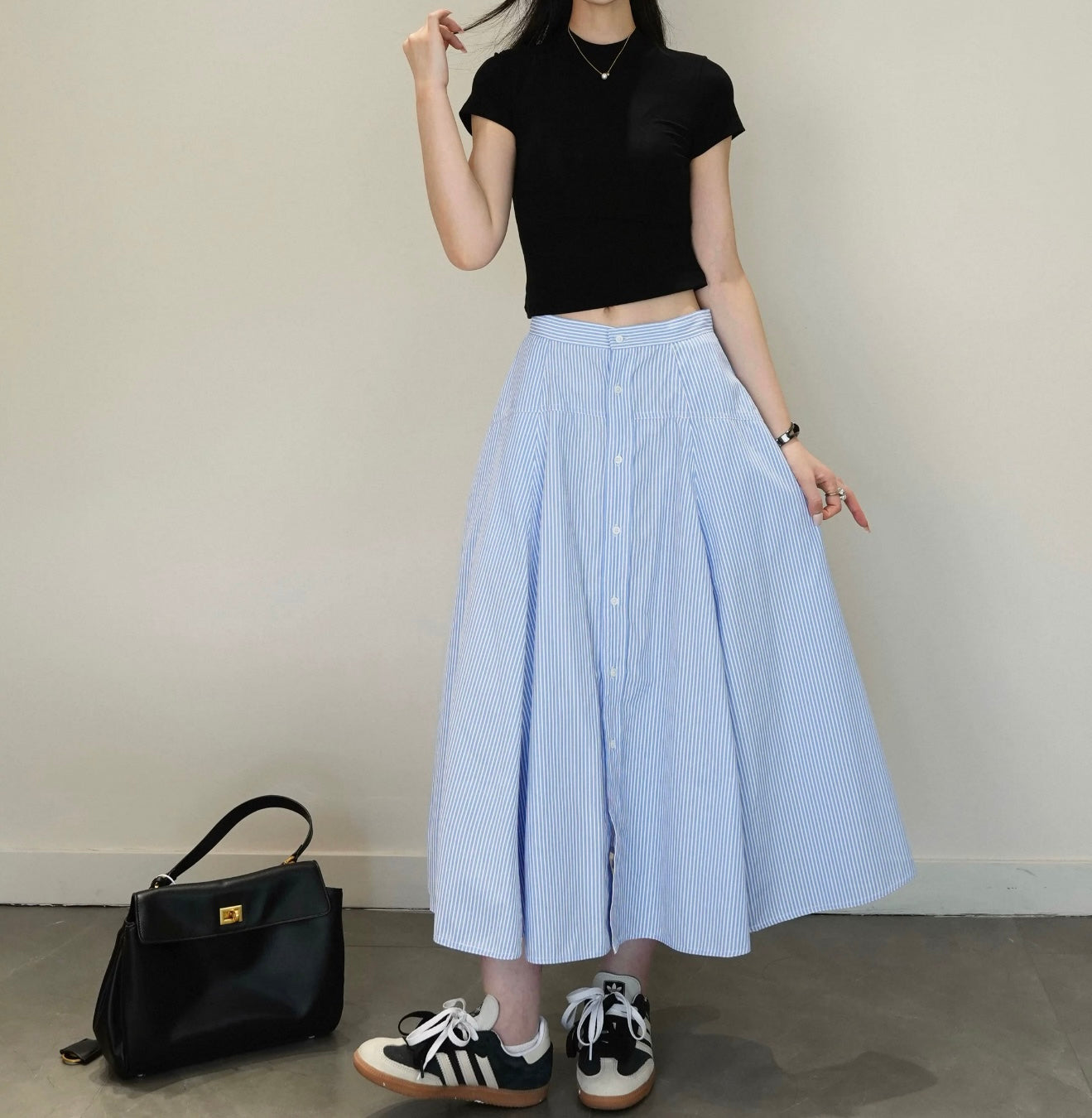Blue Pinstripe Button-Front Midi Skirt