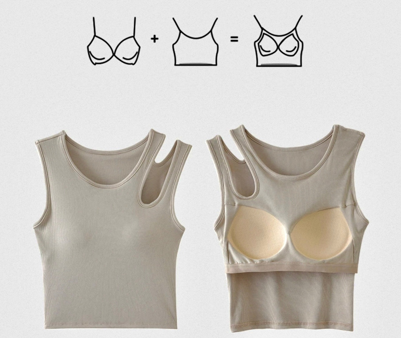 Two beige tank tops, one plain and one with a built-in bra, on a light gray background.