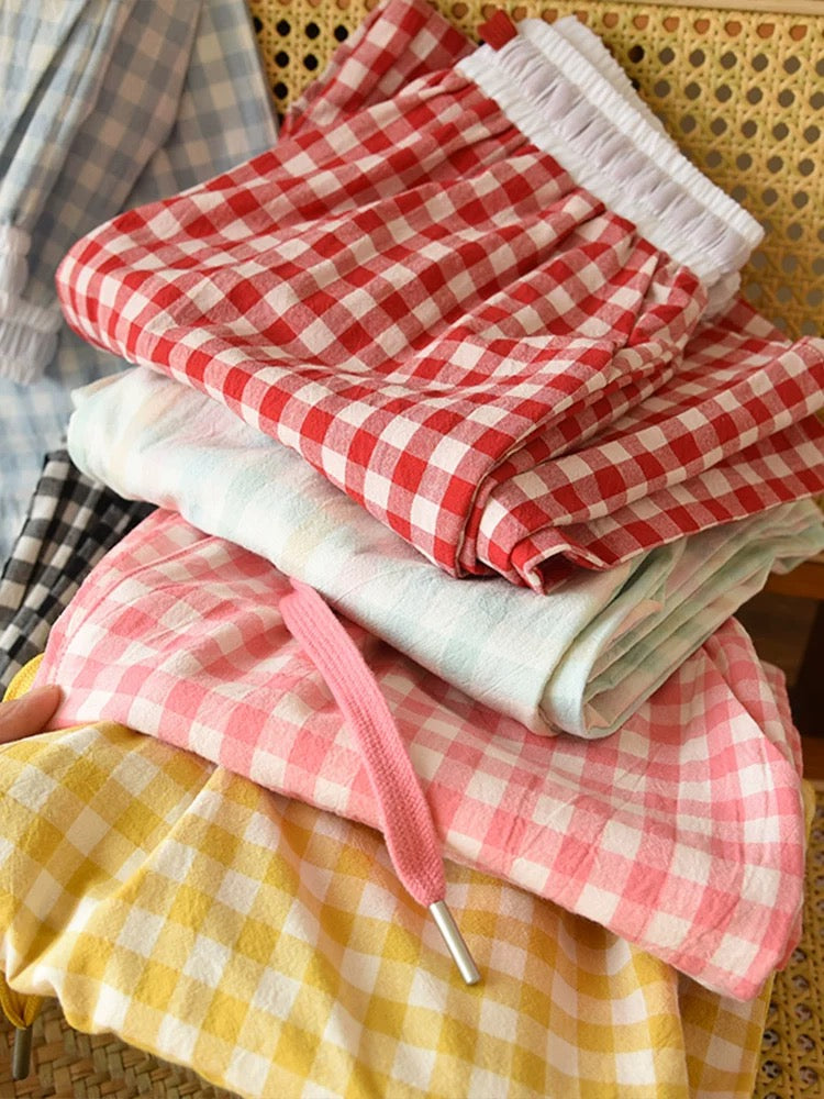 Soft Blue Plaid Pajama Pants Set with White Waistband