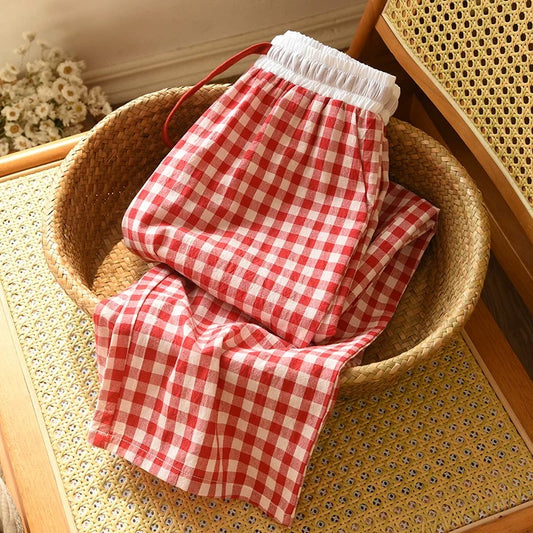 Soft Blue Plaid Pajama Pants Set with White Waistband