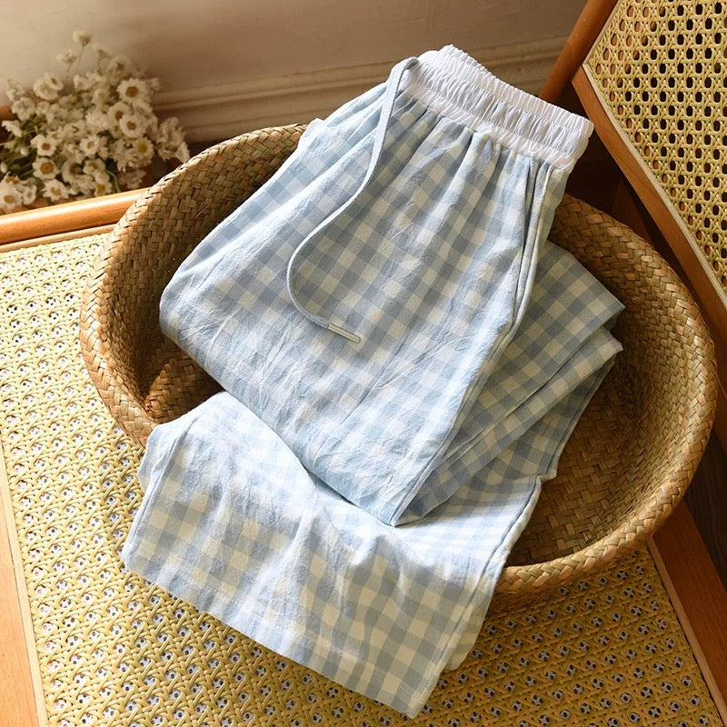 Soft Blue Plaid Pajama Pants Set with White Waistband