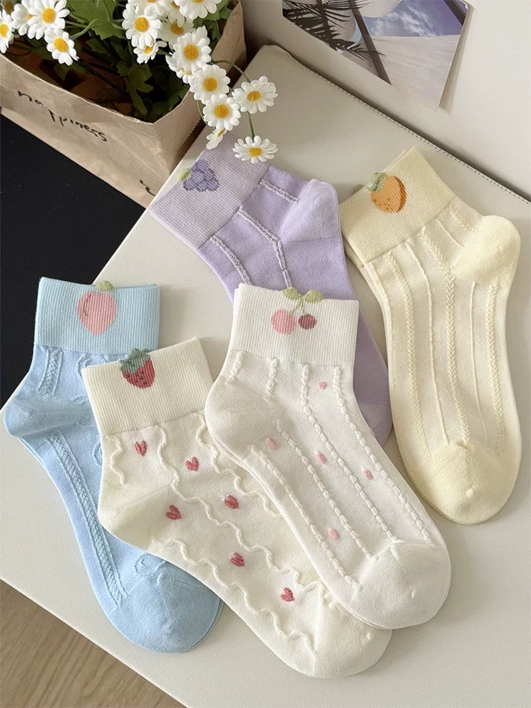 Pastel Fruit Embroidered Socks (5 Pairs)